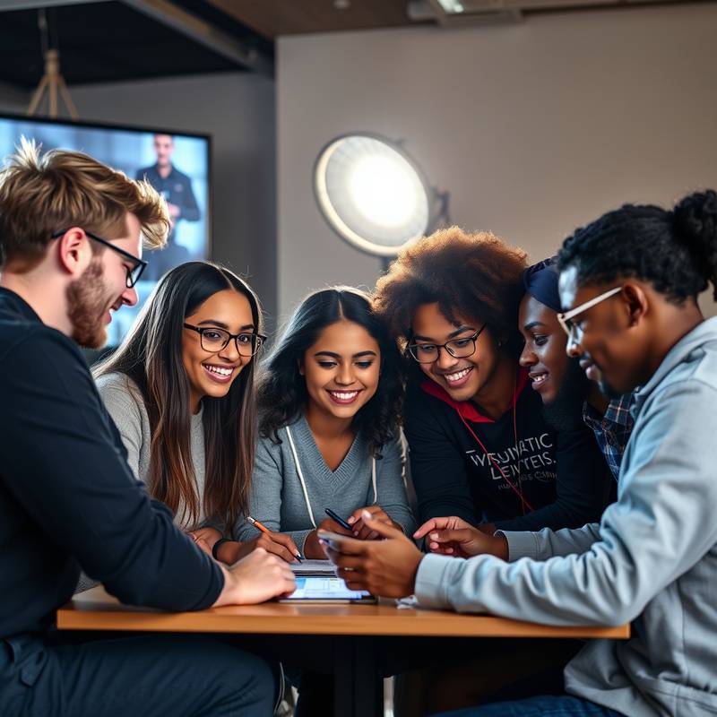 A diverse group of students working together on a digital marketing campaign.