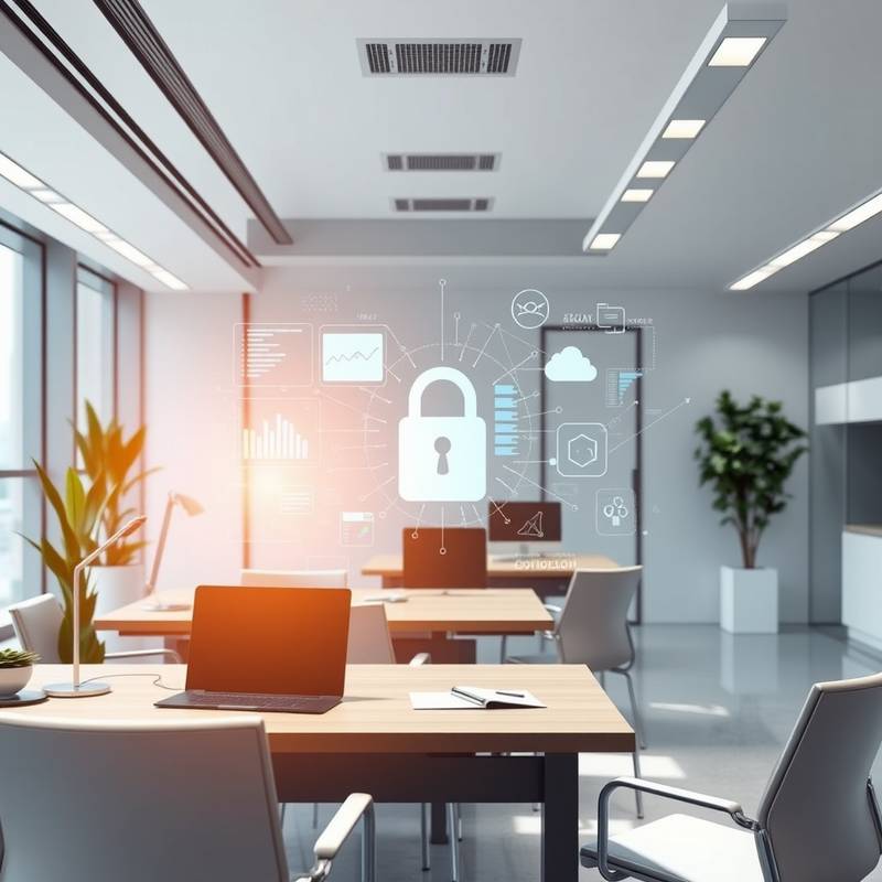 A modern office space emphasizing the importance of cybersecurity.