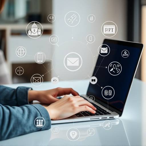 A person working on a laptop with various digital marketing icons, representing the Digital Marketing Strategies course