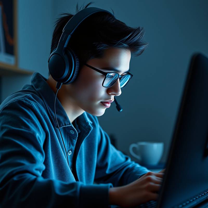 A student wearing headphones, focused on an online coding tutorial.