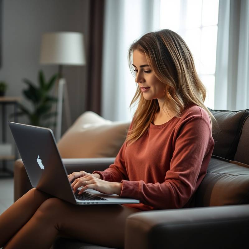 A woman attending an online class using a laptop in a comfortable setting.