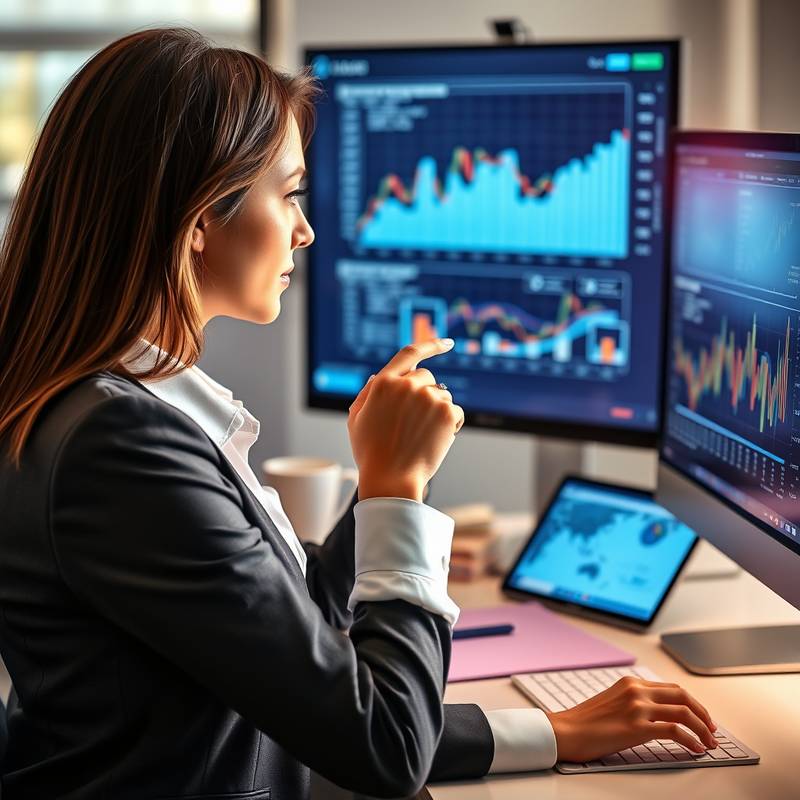 Graphs and charts on a screen with a businesswoman analyzing them, representing the Business Analytics Fundamentals course